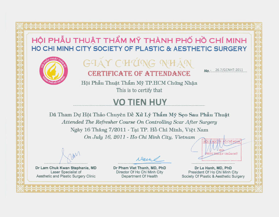 Giấy chứng nhận đã tham dự hội thảo chuyên đề xử lý Thẩm mỹ sẹo sau phẫu thuật