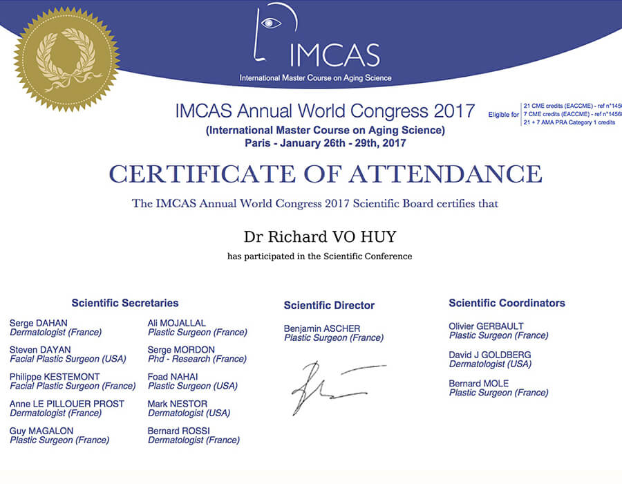 Bằng chứng nhận tham gia hội nghị Quốc tế thường niên ngành thtẩm mỹ về chống lão hóa (IMCAS 2017)