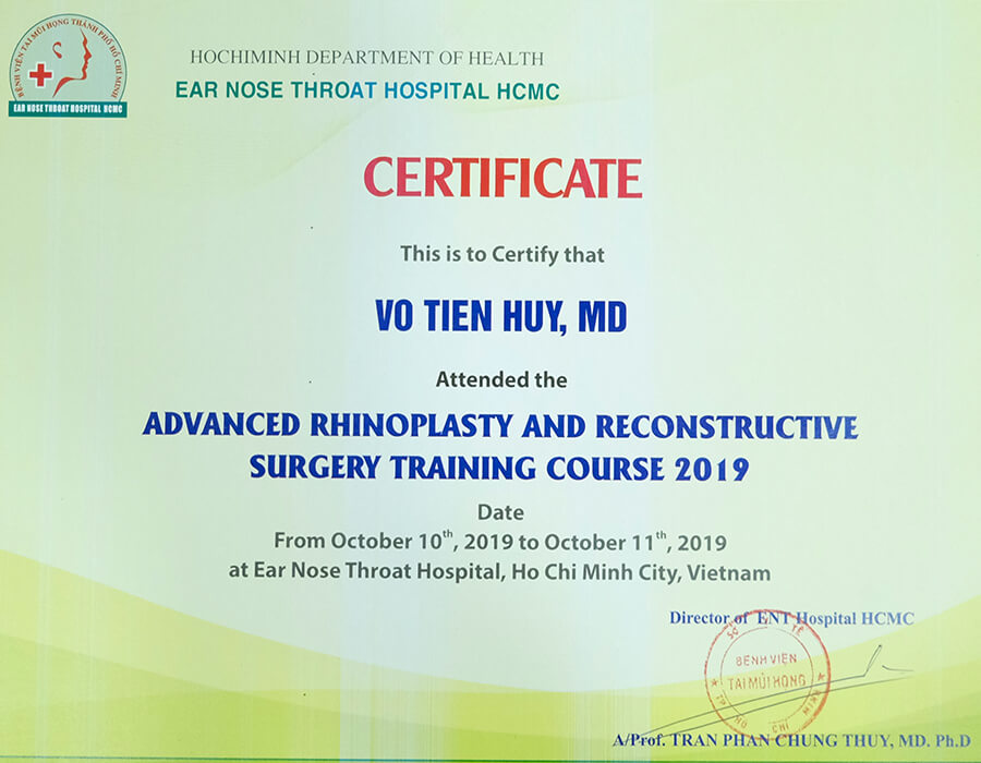 Bằng chứng nhận tham gia khóa học Phẫu thuật tạo hình thẩm mỹ mũi và tái cấu trúc nâng cao