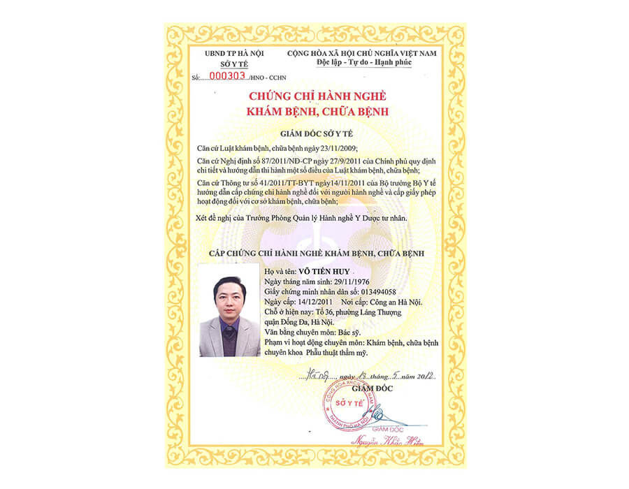 Chứng chỉ hành nghề khám chữa bệnh cấp bởi Sở Y Tế Hà Nội