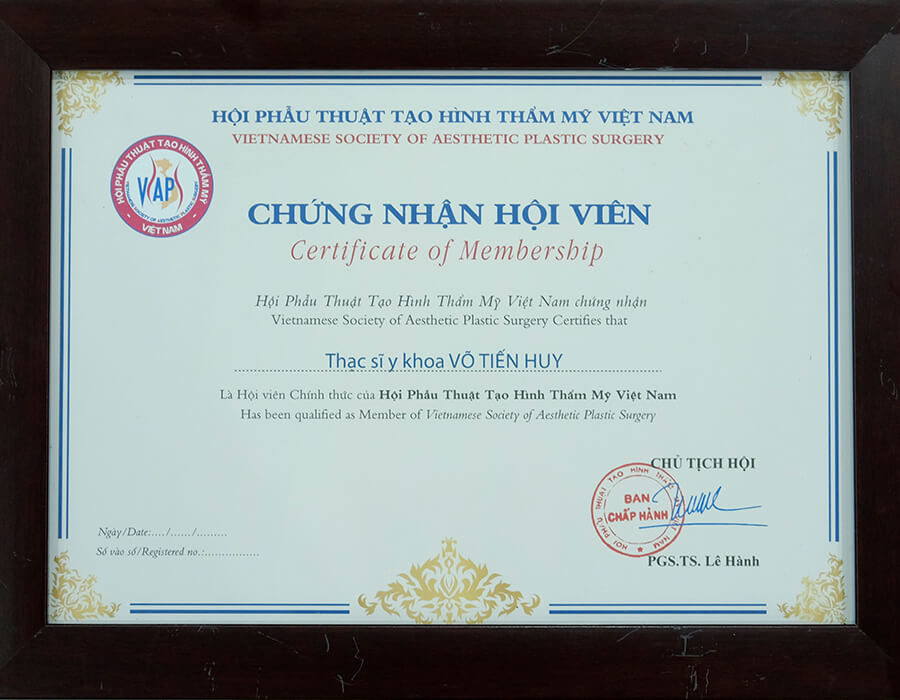 Giấy chứng nhận hội viên hội Phẫu thuật tạo hình thẩm mỹ Việt Nam