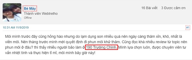 Số 190 Trường Chinh là địa chỉ phun xăm được thành viên Bé Mây nhắc đến trong diễn đàn webtretho