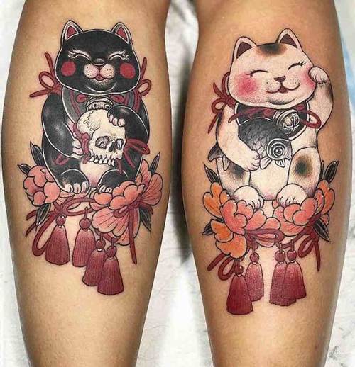Tattoo mèo thần tài đen sì trắng