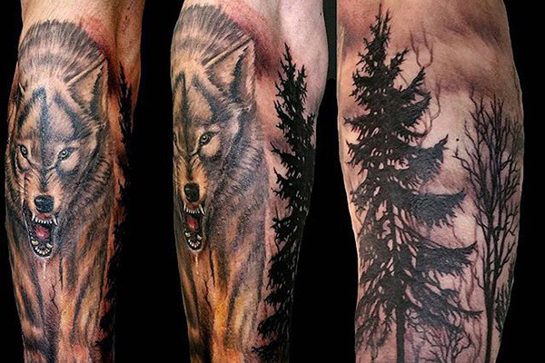 sói và rừng thông tattoo đẹp