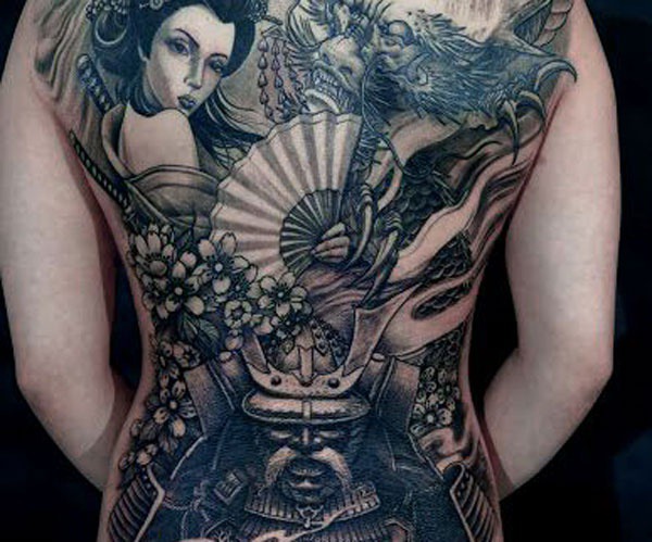 tattoo geisha cầm ô và samurai