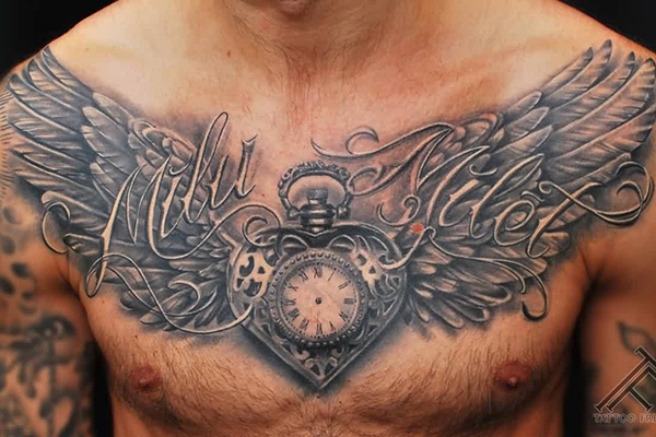 clock and wing tattoo