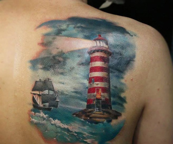 hải đăng và thuyền tattoo đẹp