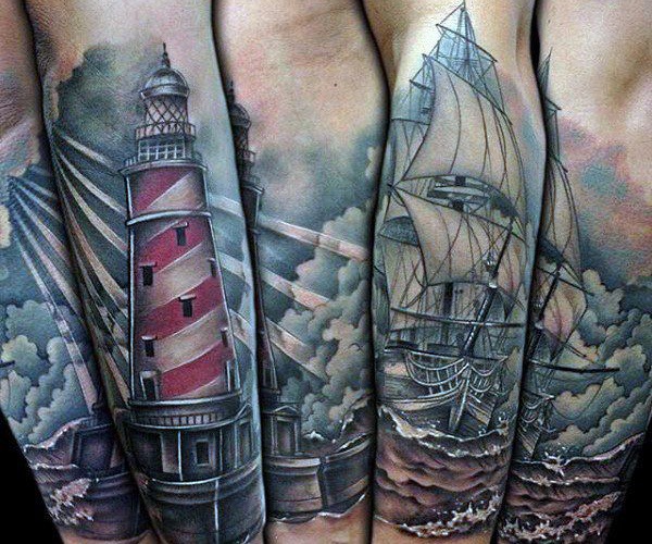hải đăng và thuyền tattoo nghệ thuật