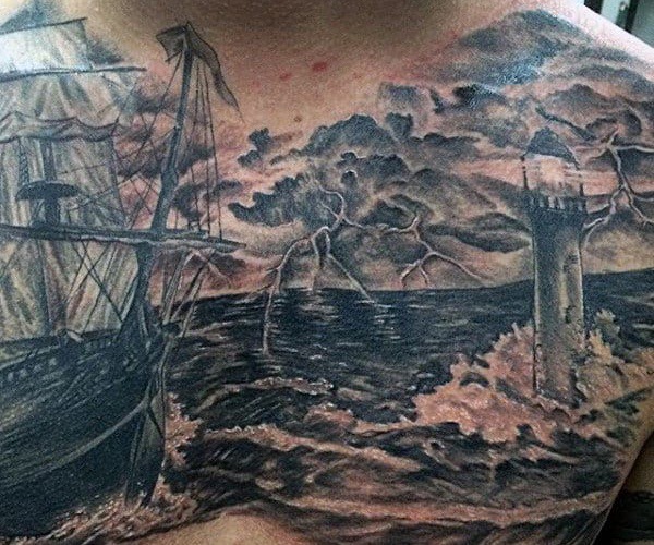 hải đăng và thuyền tattoo