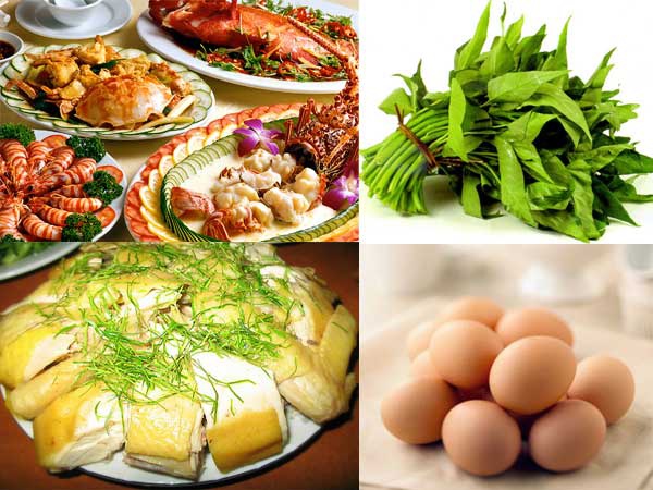 Sau phun môi nên kiêng một số thực phẩm như thịt gà, trứng, hải sản, rau muống...