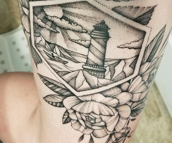lighthouse and flower tattoo xinh
