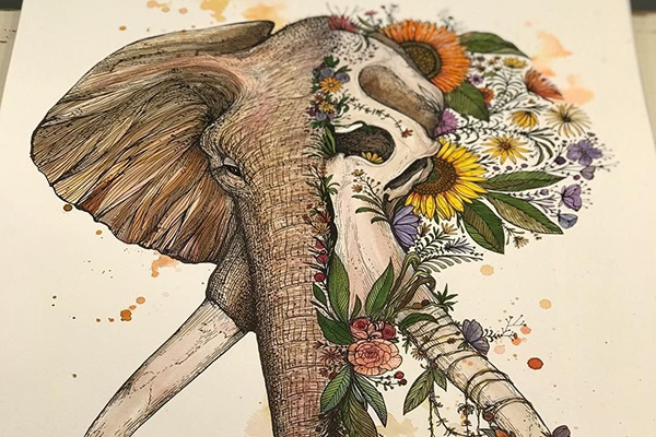 voi và đầu lâu tattoo độc đáo
