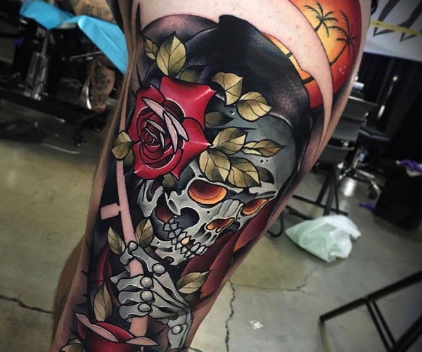 tattoo hình thần chết và hoa