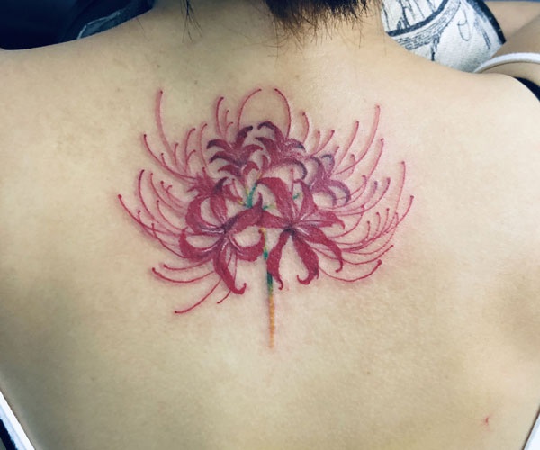 tattoo hoa bỉ ngạn sau gáy đẹp