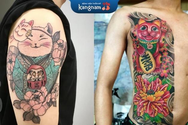 Tattoo mèo và hoa mẫu đơn đầy tính nghệ thuật