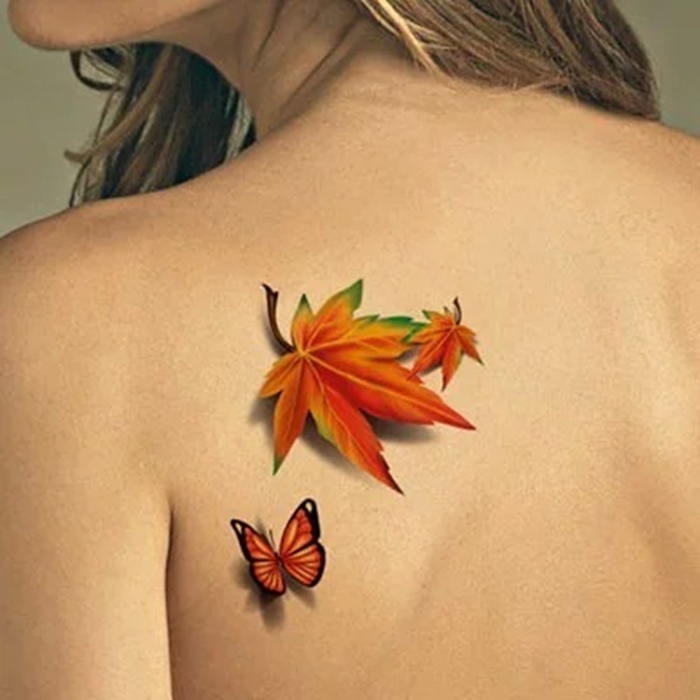 hình xăm 3d con bướm và chiếc lá