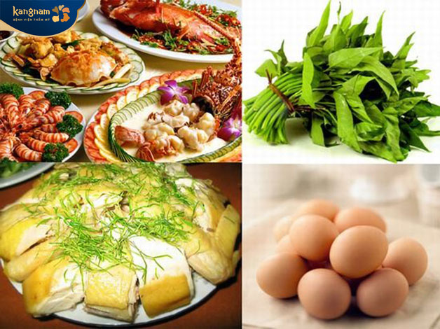 Thịt gà, hải sản, rau muống, trứng là những món nên kiêng trong quá trình điều trị mụn cóc 
