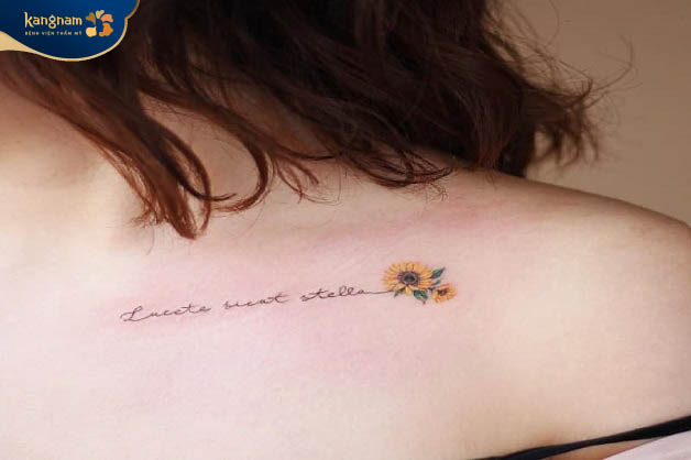 Tattoo hoa hướng dương kết hợp với câu chữ ý nghĩa