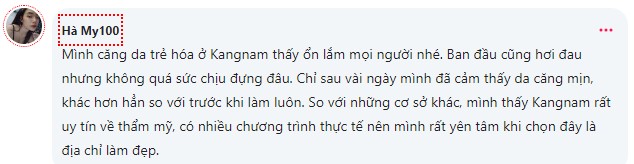 Khách hàng Hà My đánh giá cao về dịch vụ căng da tại Kangnam