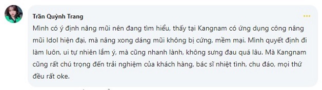 Bạn Trần Quỳnh Trang feedback sau khi nâng mũi Idol tại Kangnam