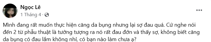 Ngọc Lê lo lắng về cơn đau khi căng da bụng (Nguồn: Facebook)