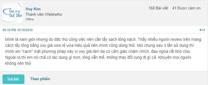 Review hiệu quả tẩy lông nách của 1 nick name trên cộng đồng Webtretho cho rằng phương pháp này hoàn toàn không hiệu quả tẩy lông nách bằng oxy già