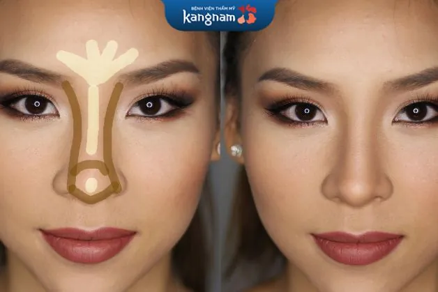 Dùng cọ và kẻ một đường highlight màu trắng dọc xuống sống mũi