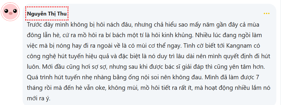 Chia sẻ từ khách hàng từng hút tuyến mồ hôi tại Kangnam