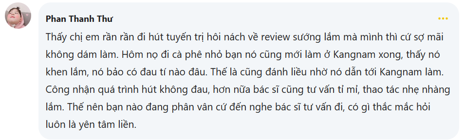 Chia sẻ từ khách hàng từng hút tuyến mồ hôi tại Kangnam