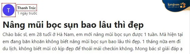 Thanh Trúc băn khoăn không biết nâng mũi bọc sụn bao lâu thì đẹp (Nguồn: Webtretho)